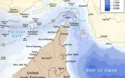 Map of the Strait of Hormuz showing Iran, Oman and the Persian Gulf region