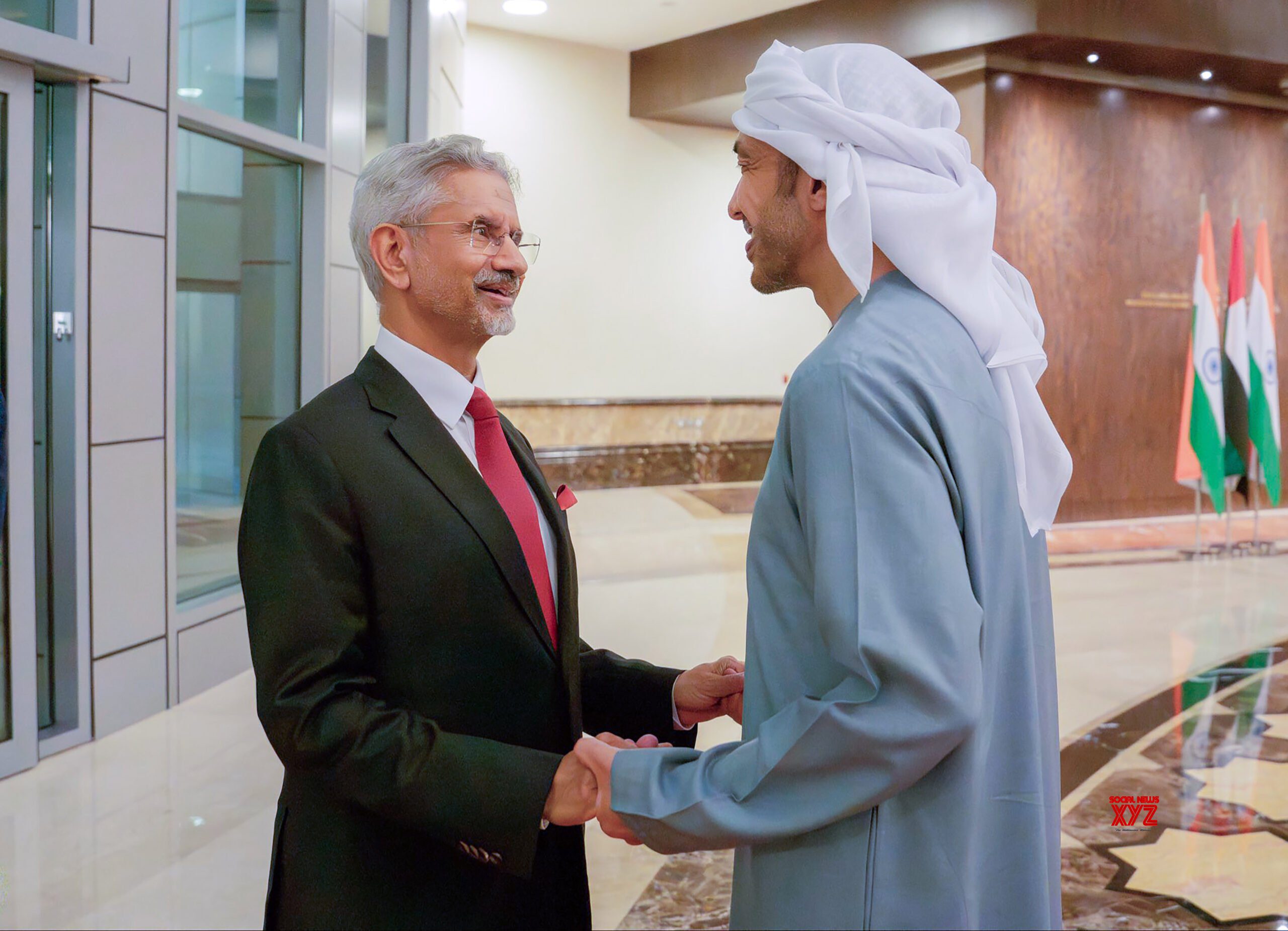External Affairs Minister S Jaishankar meets UAE Deputy PM Sheikh Abdullah bin Zayed in Abu Dhabi. Image: Social News XYZ