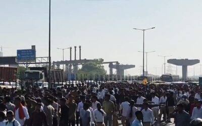 Noida workers' strike April 2026 — minimum wage protest (Source: Newsgram)
