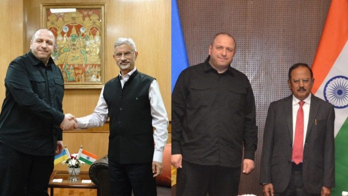 Ukraine NSDC Secretary Rustem Umerov with EAM Jaishankar and NSA Ajit Doval