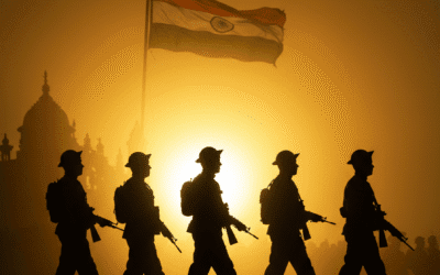 Indian paramilitary soldiers at sunrise on duty