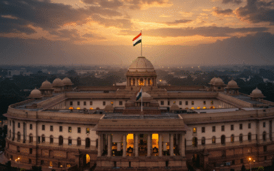 Indian Parliament building at dusk